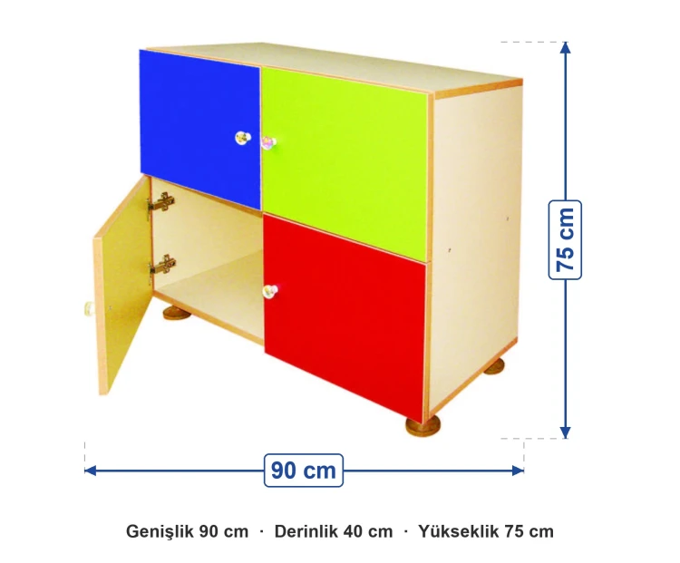 Renkli Dört Kapaklı Alçak Dolap 90x40x75 cm ölçüleri: genişlik 90 cm, derinlik 40 cm, yükseklik 75 cm