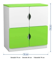 4 Kapaklı Yeşil Beyaz Öğrenci Dolabı ölçüleri: genişlik 70 cm, derinlik 36 cm, yükseklik 76 cm