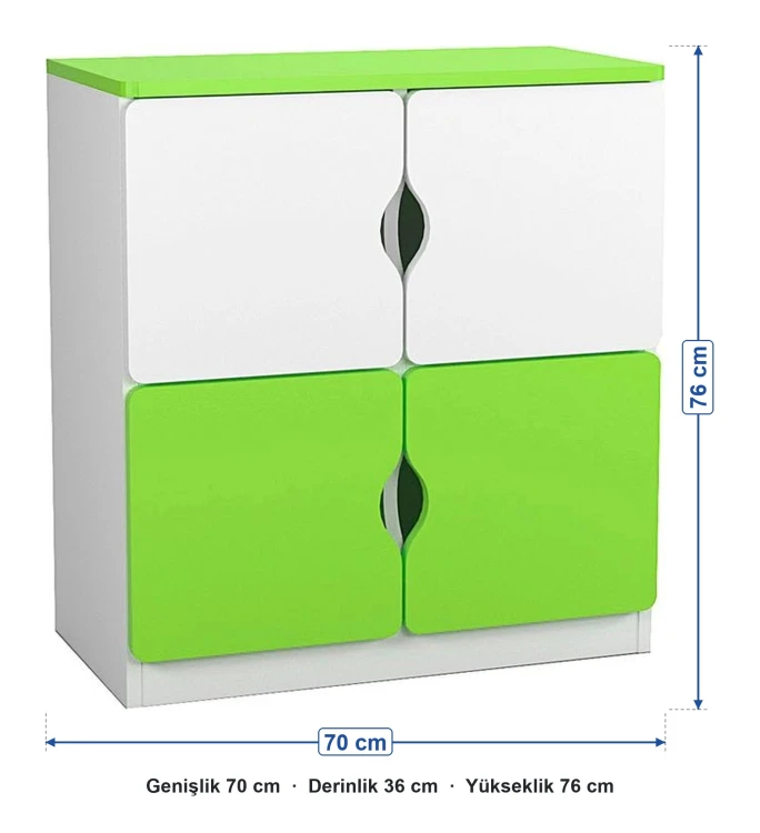 4 Kapaklı Yeşil Beyaz Öğrenci Dolabı ölçüleri: genişlik 70 cm, derinlik 36 cm, yükseklik 76 cm