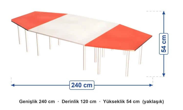 Trapez Masa 120x240 cm ölçüleri: genişlik 240 cm, derinlik 120 cm, yükseklik 54 cm (yaklaşık)
