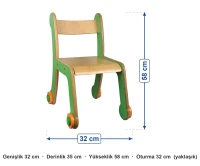 Yeşil Çerçeveli Kontra Sandalye ölçüleri: genişlik 32 cm, derinlik 35 cm, yükseklik 58 cm, oturma 32 cm (yaklaşık)