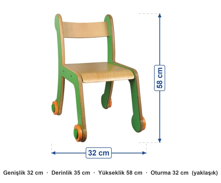 Yeşil Çerçeveli Kontra Sandalye ölçüleri: genişlik 32 cm, derinlik 35 cm, yükseklik 58 cm, oturma 32 cm (yaklaşık)