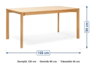 Kayın Ayaklı Ahşap Masa 120x60x54 cm ölçüleri: genişlik 120 cm, derinlik 60 cm, yükseklik 54 cm