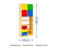 Çekmeceli Kapaklı Raflı Uzun Dolap 80x45x158 cm ölçüleri: genişlik 80 cm, derinlik 45 cm, yükseklik 158 cm