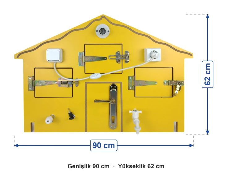 Ahşap Beceri Evi Aktivite Panosu ölçüleri: genişlik 90 cm, yükseklik 62 cm