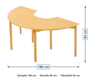 Naturel Ahşap Yarım Daire Masa 180x60x54 cm ölçüleri: genişlik 180 cm, derinlik 60 cm, yükseklik 54 cm