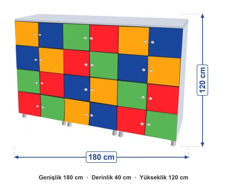 Renkli 24 Kapaklı Öğrenci Dolabı 180x40x120 cm ölçüleri: genişlik 180 cm, derinlik 40 cm, yükseklik 120 cm