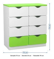 8 Çekmeceli Yeşil Beyaz Öğrenci Dolabı ölçüleri: genişlik 70 cm, derinlik 35 cm, yükseklik 76 cm