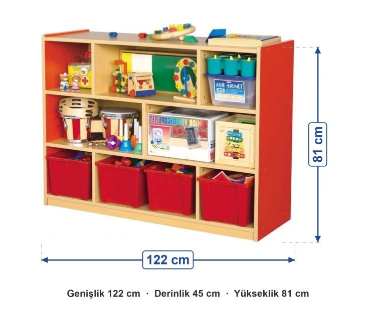 Kırmızı Kutulu Açık Raflı Dolap 122x45x81 cm ölçüleri: genişlik 122 cm, derinlik 45 cm, yükseklik 81 cm