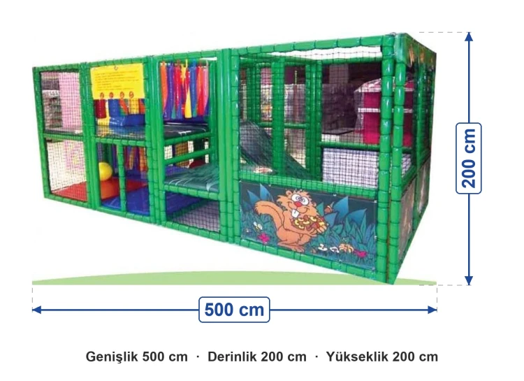 Soft Play Oyun Grubu 500x200xH200 ölçüleri: genişlik 500 cm, derinlik 200 cm, yükseklik 200 cm