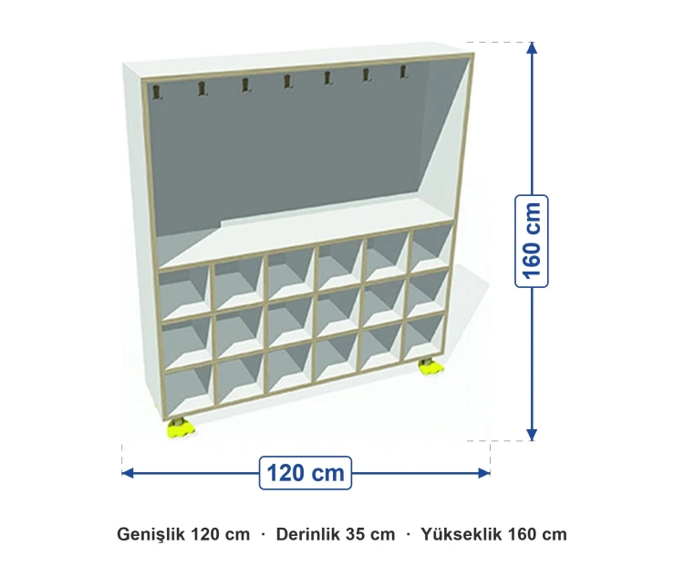 Açık Vestiyer 9 Askılı 18 Ayakkabı Gözlü 120x35x160 cm ölçüleri: genişlik 120 cm, derinlik 35 cm, yükseklik 160 cm