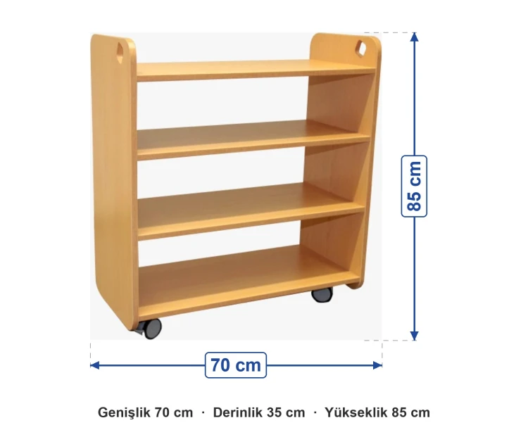 Tekerlekli Açık Raflı Dolap 70x35x85 cm ölçüleri: genişlik 70 cm, derinlik 35 cm, yükseklik 85 cm