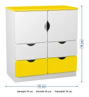 2 Kapaklı 4 Çekmeceli Sarı Beyaz Öğrenci Dolabı ölçüleri: genişlik 70 cm, derinlik 35 cm, yükseklik 76 cm