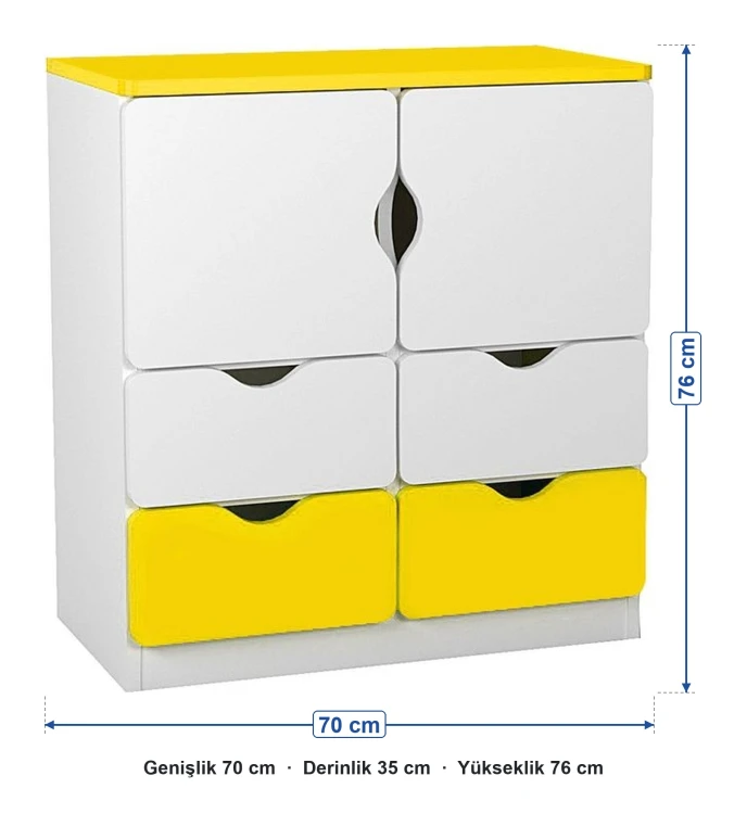 2 Kapaklı 4 Çekmeceli Sarı Beyaz Öğrenci Dolabı ölçüleri: genişlik 70 cm, derinlik 35 cm, yükseklik 76 cm