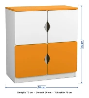 4 Kapaklı Turuncu Beyaz Öğrenci Dolabı ölçüleri: genişlik 70 cm, derinlik 36 cm, yükseklik 76 cm