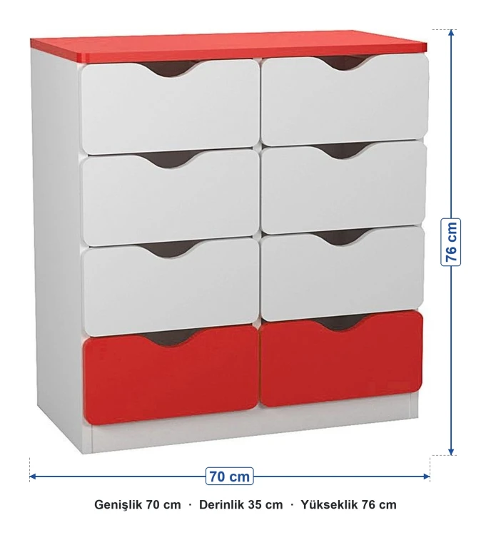 8 Çekmeceli Kırmızı Beyaz Öğrenci Dolabı ölçüleri: genişlik 70 cm, derinlik 35 cm, yükseklik 76 cm