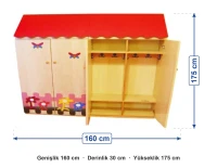 Çatılı Kelebekli Kapaklı Vestiyer 160x30x175 cm ölçüleri: genişlik 160 cm, derinlik 30 cm, yükseklik 175 cm