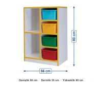 4 Kutulu 2 Raflı Dar Dolap 56x35x80 cm ölçüleri: genişlik 56 cm, derinlik 35 cm, yükseklik 80 cm