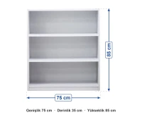 Üç Gözlü Açık Raflı Dolap 75x35x85 cm ölçüleri: genişlik 75 cm, derinlik 35 cm, yükseklik 85 cm