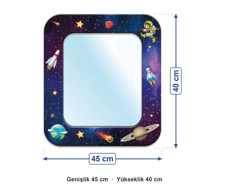 Anaokulu Uzay Desenli Lavabo Ayna ölçüleri: genişlik 45 cm, yükseklik 40 cm