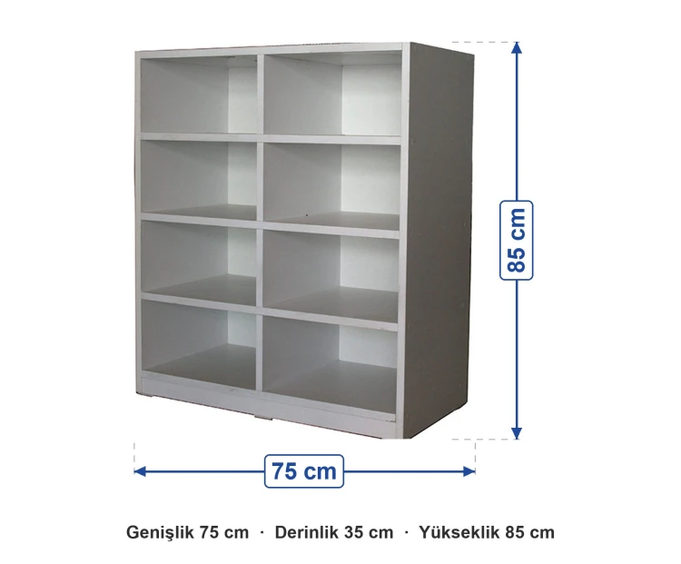 8 Gözlü Açık Raflı Dolap 75x35x85 cm ölçüleri: genişlik 75 cm, derinlik 35 cm, yükseklik 85 cm