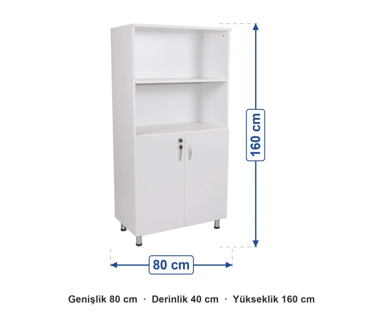 Beyaz Açık Raflı Kilitli Öğretmen Dolabı 80x40x160 cm ölçüleri: genişlik 80 cm, derinlik 40 cm, yükseklik 160 cm