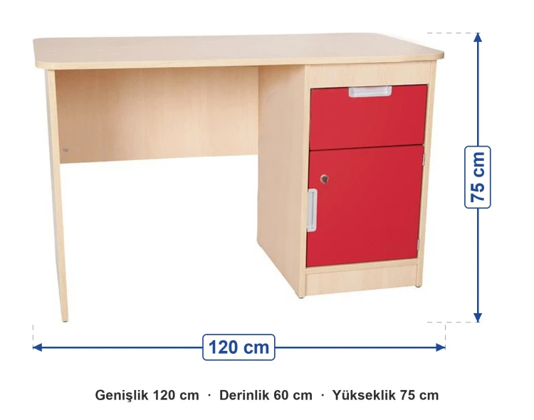 Kırmızı Dolaplı Öğretmen Masası 120x60x75 cm ölçüleri: genişlik 120 cm, derinlik 60 cm, yükseklik 75 cm