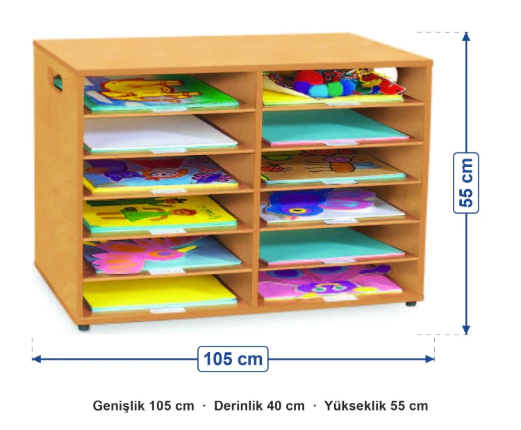 12 Bölmeli Alçak Karton Dolabı 105x40x55 cm ölçüleri: genişlik 105 cm, derinlik 40 cm, yükseklik 55 cm