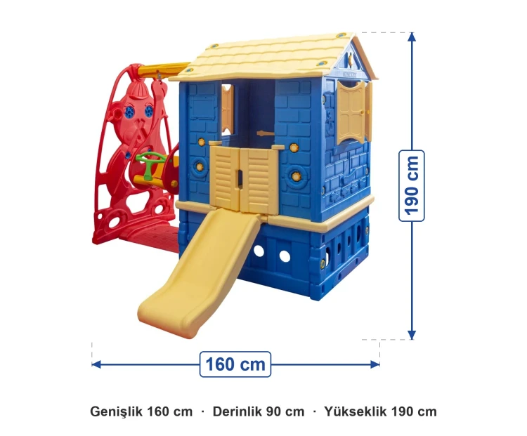 Kaydıraklı Salıncaklı Oyun Evi Mavi ölçüleri: genişlik 160 cm, derinlik 90 cm, yükseklik 190 cm