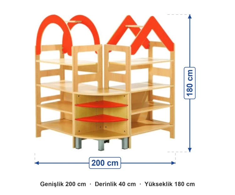Kemer Çatılı Ahşap Raf Seti 200x40x180 cm ölçüleri: genişlik 200 cm, derinlik 40 cm, yükseklik 180 cm