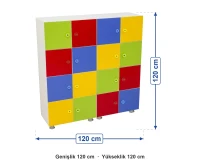 16 Kapaklı Öğrenci Dolabı ölçüleri: genişlik 120 cm, yükseklik 120 cm