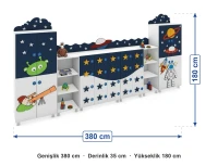 Uzay Figürlü Dolap Seti 380x35x180 cm ölçüleri: genişlik 380 cm, derinlik 35 cm, yükseklik 180 cm