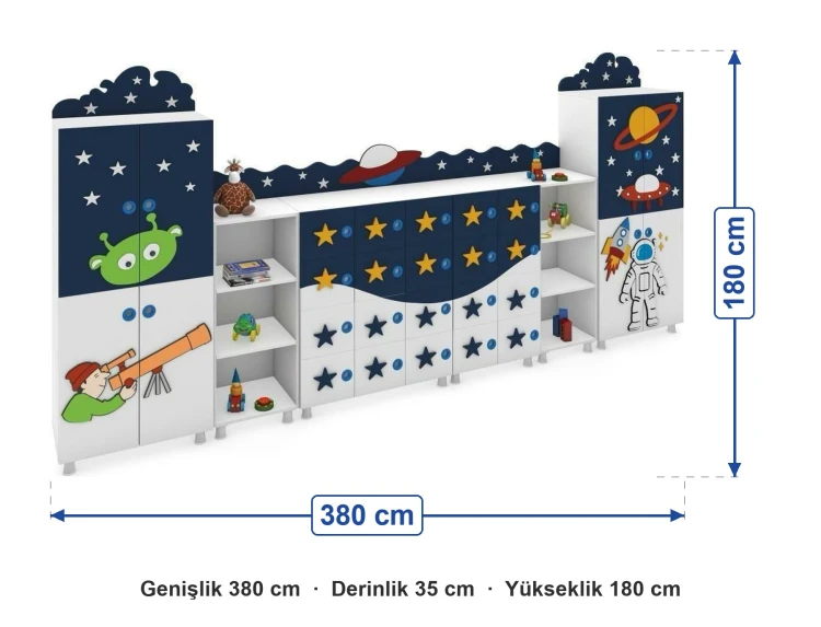 Uzay Figürlü Dolap Seti 380x35x180 cm ölçüleri: genişlik 380 cm, derinlik 35 cm, yükseklik 180 cm