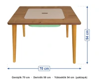 50x70 Anaokulu Tek Gözlü Aktivite Masası ölçüleri: genişlik 70 cm, derinlik 50 cm, yükseklik 54 cm (yaklaşık)