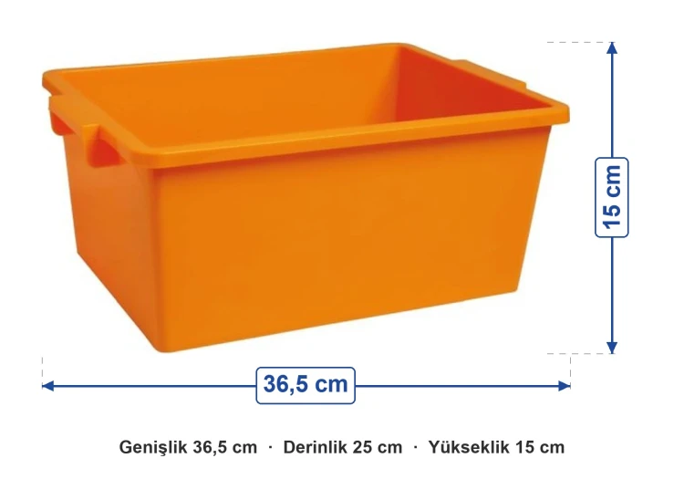 Turuncu Plastik Oyuncak Kutusu 9 Litre ölçüleri: genişlik 36,5 cm, derinlik 25 cm, yükseklik 15 cm