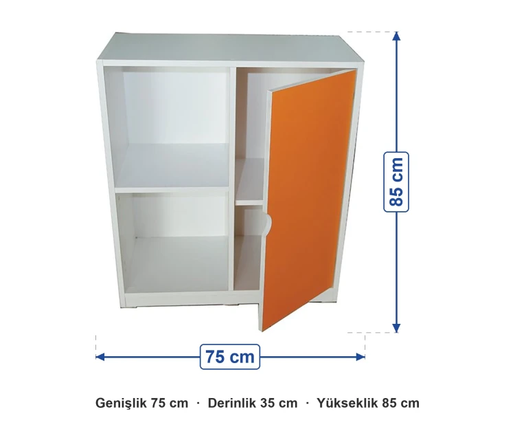 Tek Kapaklı Raflı Dolap 75x35x85 cm ölçüleri: genişlik 75 cm, derinlik 35 cm, yükseklik 85 cm