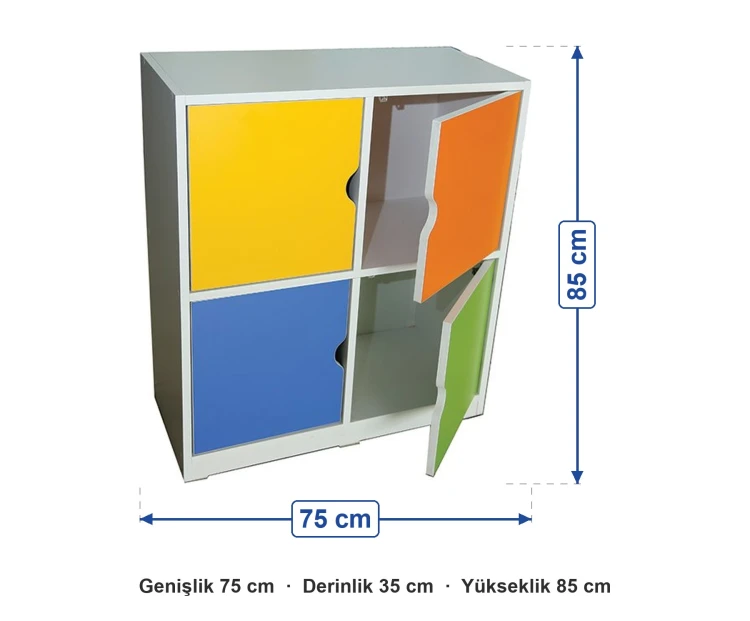 4 Kapaklı Dolap 75x35x85 cm ölçüleri: genişlik 75 cm, derinlik 35 cm, yükseklik 85 cm