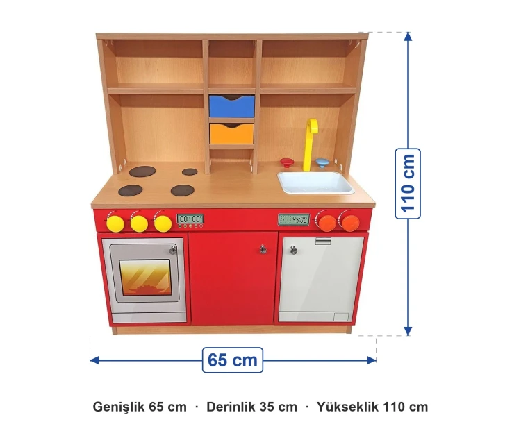 Anaokulu Ahşap Kırmızı Kapaklı Mutfak ölçüleri: genişlik 65 cm, derinlik 35 cm, yükseklik 110 cm