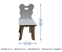 Ayıcık Figürlü Ahşap Çocuk Sandalyesi ölçüleri: genişlik 31 cm, derinlik 33 cm, yükseklik 62 cm, oturma 32 cm (yaklaşık)