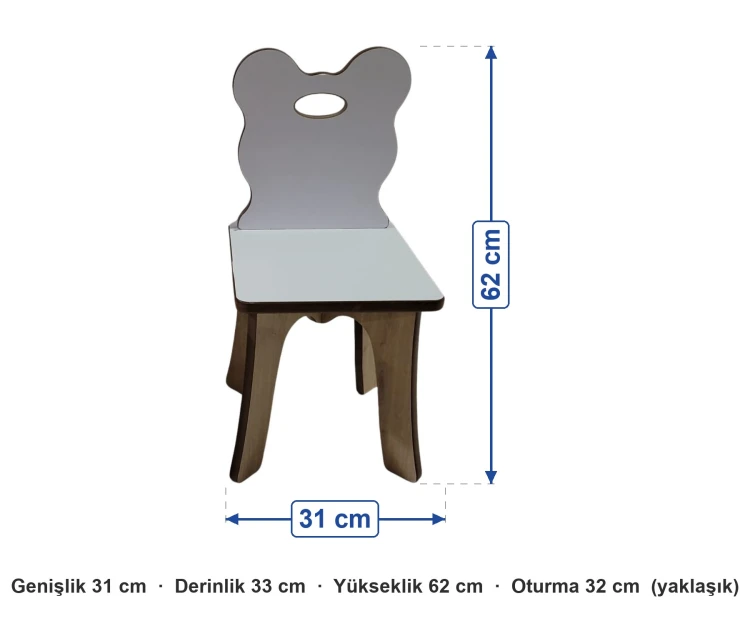 Ayıcık Figürlü Ahşap Çocuk Sandalyesi ölçüleri: genişlik 31 cm, derinlik 33 cm, yükseklik 62 cm, oturma 32 cm (yaklaşık)