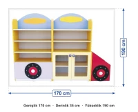 Kamyonet Figürlü Kitaplık 170x35x190 cm ölçüleri: genişlik 170 cm, derinlik 35 cm, yükseklik 190 cm