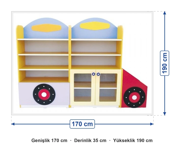 Kamyonet Figürlü Kitaplık 170x35x190 cm ölçüleri: genişlik 170 cm, derinlik 35 cm, yükseklik 190 cm