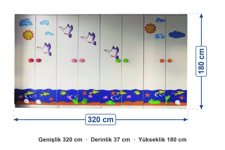 Kuşlu Deniz Tabanı Figürlü Portmanto 320x37x180 cm ölçüleri: genişlik 320 cm, derinlik 37 cm, yükseklik 180 cm
