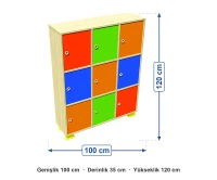 9 Kapaklı Dolap 100x35x120 cm ölçüleri: genişlik 100 cm, derinlik 35 cm, yükseklik 120 cm