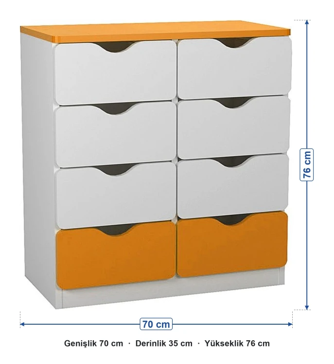 8 Çekmeceli Turuncu Beyaz Öğrenci Dolabı ölçüleri: genişlik 70 cm, derinlik 35 cm, yükseklik 76 cm