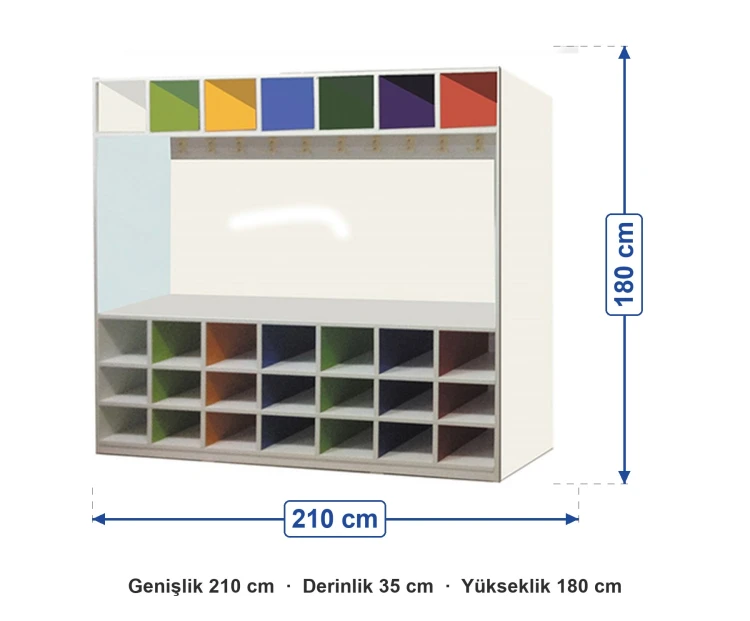 Renkli Üst Gözlü Beyaz Portmanto 210x35x180 cm ölçüleri: genişlik 210 cm, derinlik 35 cm, yükseklik 180 cm