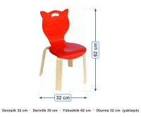 Kedi Kulaklı Figürlü Kontra Sandalye ölçüleri: genişlik 32 cm, derinlik 35 cm, yükseklik 62 cm, oturma 32 cm (yaklaşık)