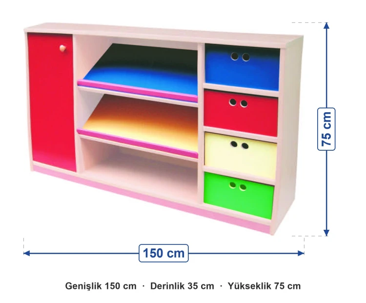 Kitaplıklı Çekmeceli Dolap 150x35x75 cm ölçüleri: genişlik 150 cm, derinlik 35 cm, yükseklik 75 cm
