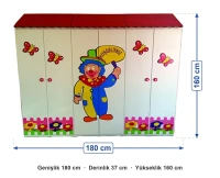 Palyaço Figürlü Çatılı Portmanto 180x37x160 cm ölçüleri: genişlik 180 cm, derinlik 37 cm, yükseklik 160 cm