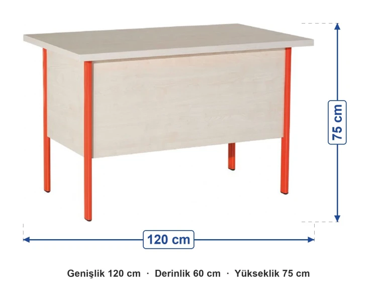 Metal Ayaklı Öğretmen Masası Çekmeceli 120x60x75 cm ölçüleri: genişlik 120 cm, derinlik 60 cm, yükseklik 75 cm